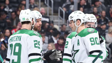 LOS ANGELES, CA - APRIL 7: Marc Methot #33, Greg Pateryn #29, and Jason Spezza #90 of the Dallas Stars converse during a game against the Los Angeles Kings at STAPLES Center on April 7, 2018 in Los Angeles, California. (Photo by Adam Pantozzi/NHLI via Getty Images) *** Local Caption ***