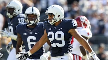 Oct 10, 2015; University Park, PA, USA; Penn State Nittany Lions cornerback John Reid (29) celebrates after intercepting the ball during the fourth quarter against the Indiana Hoosiers at Beaver Stadium. Penn State defeated Indiana 29-7. Mandatory Credit: Matthew O