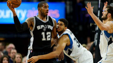 MINNEAPOLIS, MN - MARCH 21: Karl-Anthony Towns #32 of the Minnesota Timberwolves defends against LaMarcus Aldridge #12 of the San Antonio Spurs during the second quarter of the game on March 21, 2017 at the Target Center in Minneapolis, Minnesota. The Spurs defeated the Timberwolves 100-93. NOTE TO USER: User expressly acknowledges and agrees that, by downloading and or using this Photograph, user is consenting to the terms and conditions of the Getty Images License Agreement. (Photo by Hannah Foslien/Getty Images)