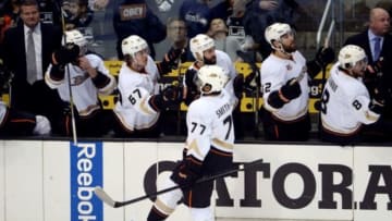 May 10, 2014; Los Angeles, CA, USA; Anaheim Ducks right wing Devante Smith-Pelly (77) celebrates with teammates after scoring a goal in the first period against the Los Angeles Kings in game four of the second round of the 2014 Stanley Cup Playoffs at Staples Center. Mandatory Credit: Kirby Lee-USA TODAY Sports