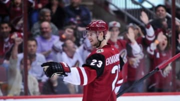 Feb 15, 2016; Glendale, AZ, USA; Arizona Coyotes defenseman Oliver Ekman-Larsson (23) celebrates after scoring a goal in the second period against the Montreal Canadiens at Gila River Arena. Mandatory Credit: Matt Kartozian-USA TODAY Sports