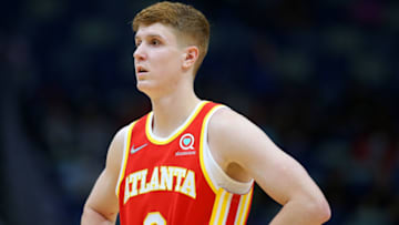 NEW ORLEANS, LOUISIANA - OCTOBER 27: Kevin Huerter #3 of the Atlanta Hawks reacts against the New Orleans Pelicans during the second half at the Smoothie King Center on October 27, 2021 in New Orleans, Louisiana. NOTE TO USER: User expressly acknowledges and agrees that, by downloading and or using this Photograph, user is consenting to the terms and conditions of the Getty Images License Agreement. (Photo by Jonathan Bachman/Getty Images)