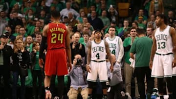 Apr 28, 2016; Boston, MA, USA; Boston Celtics guard Isaiah Thomas (4) looks for Atlanta Hawks guard Dennis Schroder (not pictured) during the second half in game six of the first round of the NBA Playoffs at TD Garden. Mandatory Credit: Mark L. Baer-USA TODAY Sports