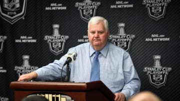 CHICAGO, IL - APRIL 23: Ken Hitchcock head coach of the St. Louis Blues addresses the media after losing to the Chicago Blackhawks 6 to 3 in Game Six of the Western Conference First Round during the 2016 NHL Stanley Cup Playoffs at the United Center on April 23, 2016 in Chicago, Illinois. (Photo by Bill Smith/NHLI via Getty Images)