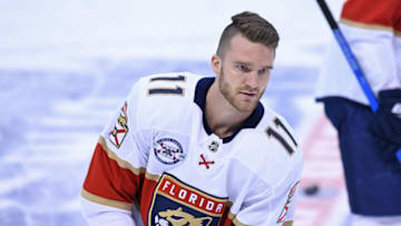 TORONTO, ON - DECEMBER 20: Florida Panthers Left Wing Jonathan Huberdeau (11) in warmups prior to the regular season NHL game between the Florida Panthers and Toronto Maple Leafs on December 20, 2018 at Scotiabank Arena in Toronto, ON. (Photo by Gerry Angus/Icon Sportswire via Getty Images)