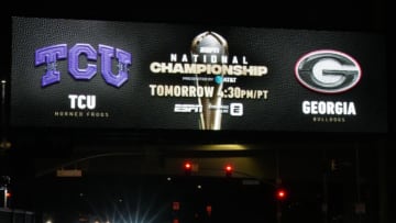 Jan 8, 2023; Inglewood California, USA; A digital billboard promoting the 2023 College Football National Championship between the TCU Horned Frogs and Georgia Bulldogs at SoFi Stadium. Mandatory Credit: Kirby Lee-USA TODAY Sports