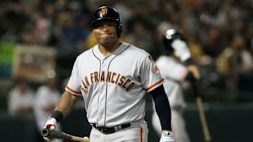 Sep 25, 2015; Oakland, CA, USA; San Francisco Giants DH Marlon Byrd (6) reacts after striking out in the second inning of their MLB baseball game against the Oakland Athletics at O.co Coliseum. Mandatory Credit: Lance Iversen-USA TODAY Sports