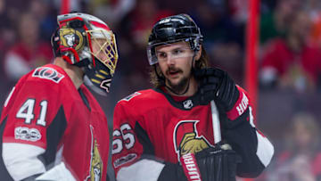 OTTAWA, ON - OCTOBER 26: Ottawa Senators Defenceman Erik Karlsson (65) talks to Goalie Craig Anderson (41) during third period National Hockey League action between the Philadelphia Flyers and Ottawa Senators on October 26, 2017, at Canadian Tire Centre in Ottawa, ON, Canada. (Photo by Richard A. Whittaker/Icon Sportswire via Getty Images)