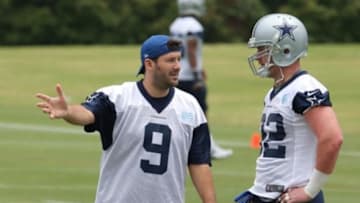 May 21, 2013; Irving, TX, USA; Dallas Cowboys quarterback Tony Romo (9) talks with tight end Jason Witten (82) during organized team activities at Dallas Cowboys Headquarters. Mandatory Credit: Matthew Emmons-USA TODAY Sports