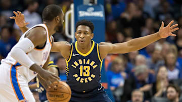 OKLAHOMA CITY, OK - OCTOBER 25: Ike Anigbogu #13 of the Indiana Pacers plays defense during a game against the Oklahoma City Thunder at the Chesapeake Energy Arena on October 25, 2017 in Oklahoma City, Oklahoma. NOTE TO USER: User expressly acknowledges and agrees that, by downloading and or using this photograph, User is consenting to the terms and conditions of the Getty Images License Agreement. The Thunder defeated the Pacers 114-96. (Photo by Wesley Hitt/Getty Images)