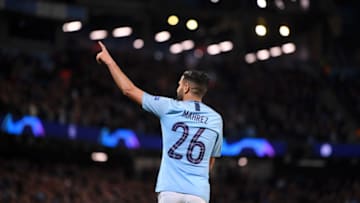 MANCHESTER, ENGLAND - NOVEMBER 07: Riyad Mahrez of Manchester City celebrates scoring his sides fifth goal during the Group F match of the UEFA Champions League between Manchester City and FC Shakhtar Donetsk at Etihad Stadium on November 07, 2018 in Manchester, United Kingdom. (Photo by Laurence Griffiths/Getty Images)