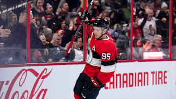 OTTAWA, ON - FEBRUARY 07: Ottawa Senators Center Matt Duchene (95) celebrates his goal during second period National Hockey League action between the Anaheim Ducks and Ottawa Senators on February 7, 2019, at Canadian Tire Centre in Ottawa, ON, Canada. (Photo by Richard A. Whittaker/Icon Sportswire via Getty Images)