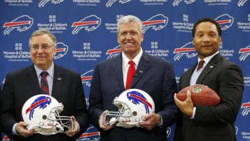 Jan 14, 2015; Orchard Park, NY, USA; Buffalo Bills owner Terry Pagula , head coach Rex Ryan and general manager Doug Whaley after a during a press conference at ADPRO Sports Training Center. Mandatory Credit: Kevin Hoffman-USA TODAY Sports