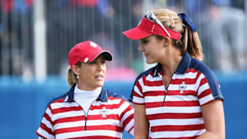 ST LEON-ROT, GERMANY - SEPTEMBER 18: Cristie Kerr and Lexi Thompson of team USA discuss a shot during the morning foursomes The Solheim Cup at St Leon-Rot Golf Club on September 18, 2015 in St Leon-Rot, Germany. (Photo by Stuart Franklin/Getty Images)