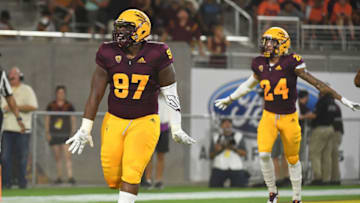 TEMPE, AZ - SEPTEMBER 01: Defensive lineman Shannon Forman #97 of the Arizona State Sun Devils celebrates a 24 yard intercepted touchdown in the first half of the game against the UTSA Roadrunners at Sun Devil Stadium on September 1, 2018 in Tempe, Arizona. (Photo by Jennifer Stewart/Getty Images)