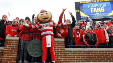 ANN ARBOR, MI - NOVEMBER 25: Ohio State mascot Brutus Buckeye celebrates with Ohio State fans at the conclusion of the game between the Ohio State Buckeyes (8) and the Michigan Wolverines on November 25, 2017 at Michigan Stadium in Ann Arbor, Michigan. (Photo by Scott W. Grau/Icon Sportswire via Getty Images)