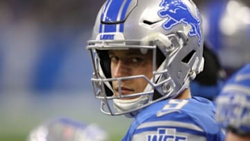 DETROIT, MI - AUGUST 25: Matthew Stafford #9 of the Detroit Lions looks on from the sidelines while playing the New England Patriots during a preseason game at Ford Field on August 25, 2017 in Detroit, Michigan. (Photo by Gregory Shamus/Getty Images)