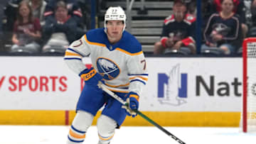 COLUMBUS, OHIO - OCTOBER 04: JJ Peterka #77 of the Buffalo Sabres skates with the puck during the first period in a preseason game against the Columbus Blue Jackets at Nationwide Arena on October 04, 2023 in Columbus, Ohio. (Photo by Jason Mowry/Getty Images)