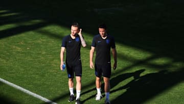 SEVILLE, SPAIN - OCTOBER 14: James Maddison and Ben Chilwell of England look on during an England training session ahead of their UEFA Nations League match against Spain at Estadio Benito Villamarin on October 14, 2018 in Seville, Spain. (Photo by Michael Regan/Getty Images)
