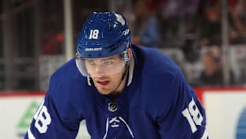 NEWARK, NEW JERSEY - JANUARY 10: Andreas Johnsson #18 of the Toronto Maple Leafs skates against the New Jersey Devils at the Prudential Center on January 10, 2019 in Newark, New Jersey. The Maple Leafs defeated the Devils 4-2. (Photo by Bruce Bennett/Getty Images)