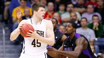 SOUTH BEND, IN - DECEMBER 21: Jack Cooley #45 of the Notre Dame Fighting Irish looks to pass the ball off against the Niagara Purple Eagles at Purcel Pavilion on December 21, 2012 in South Bend, Indiana. (Photo by Michael Hickey/Getty Images)