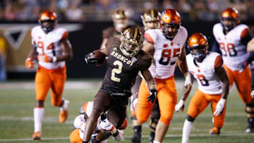KALAMAZOO, MI - AUGUST 31: LeVante Bellamy #2 of the Western Michigan Broncos runs for a 64-yard touchdown against the Syracuse Orange in the third quarter of a game at Waldo Stadium on August 31, 2018 in Kalamazoo, Michigan. (Photo by Joe Robbins/Getty Images)