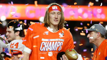 GLENDALE, ARIZONA - DECEMBER 28: Trevor Lawrence #16 of the Clemson Tigers celebrates his teams 29-23 win over the Ohio State Buckeyes in the College Football Playoff Semifinal at the PlayStation Fiesta Bowl at State Farm Stadium on December 28, 2019 in Glendale, Arizona. (Photo by Ralph Freso/Getty Images)