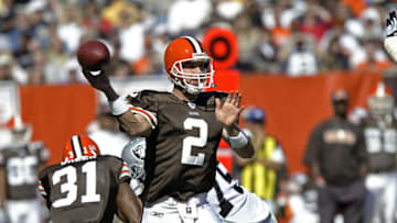 CLEVELAND, OH - OCTOBER 12: Quarterback Tim Couch #2 of the Cleveland Browns passes during a game against the Oakland Raiders at Cleveland Browns Stadium on October 12, 2003 in Cleveland, Ohio. The Browns defeated the Raiders 13-7. (Photo by George Gojkovich/Getty Images) *** Local Caption *** Tim Couch