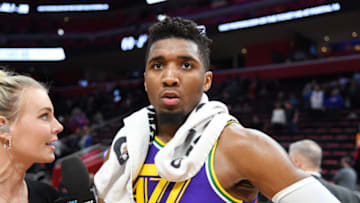 DETROIT, MI - JANUARY 5: Donovan Mitchell #45 of the Utah Jazz speaks to the media following the game against the Detroit Pistons on January 5, 2019 at Little Caesars Arena in Detroit, Michigan. Copyright 2019 NBAE (Photo by Chris Schwegler/NBAE via Getty Images)
