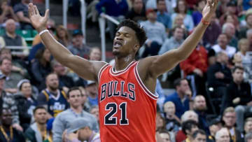 Nov 17, 2016; Salt Lake City, UT, USA; Chicago Bulls forward Jimmy Butler (21) reacts to hitting a three-point shot at the first-half buzzer against the Utah Jazz at Vivint Smart Home Arena. Mandatory Credit: Russ Isabella-USA TODAY Sports