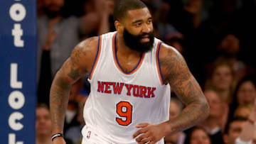 NEW YORK, NY - APRIL 01: Kyle O'Quinn #9 of the New York Knicks celebrates his basket in the second half against the Brooklyn Nets at Madison Square Garden on April 1, 2016 in New York City. (Photo by Elsa/Getty Images)