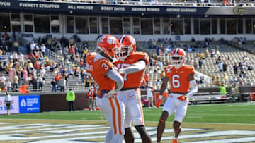 Oct 17, 2020; Atlanta, GA, USA; Clemson Tigers wide receiver Amari Rodgers (3) celebrates with teammates after he scored a touchdown during the first half of an NCAA college football game at Bobby Dodd Stadium. Mandatory Credit: Hyosub Shin/Pool Photo-USA TODAY Sports