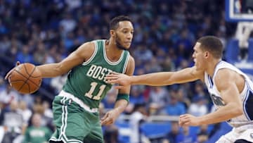 Jan 31, 2016; Orlando, FL, USA; Orlando Magic forward Aaron Gordon (0) guards Boston Celtics guard Evan Turner (11) during the first quarter of a basketball game at Amway Center. Mandatory Credit: Reinhold Matay-USA TODAY Sports