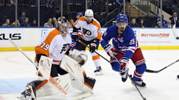 NEW YORK, NEW YORK - NOVEMBER 01: Chris Kreider #20 of the New York Rangers skates against the Philadelphia Flyers at Madison Square Garden on November 01, 2022 in New York City. The Rangers defeated the Flyers 1-0 in overtime. (Photo by Bruce Bennett/Getty Images)