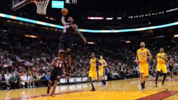 Jan 23, 2014; Miami, FL, USA; Miami Heat small forward LeBron James (6) dunks the ball during the second half against the Los Angeles Lakers at American Airlines Arena. Mandatory Credit: Steve Mitchell-USA TODAY Sports