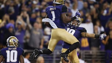 Sep 30, 2016; Seattle, WA, USA; Washington Huskies wide receiver Andre Baccellia (right) celebrates with wide receiver John Ross (1) after a touchdown by Ross against the Stanford Cardinal during the second quarter at Husky Stadium. Mandatory Credit: Jennifer Buchanan-USA TODAY Sports