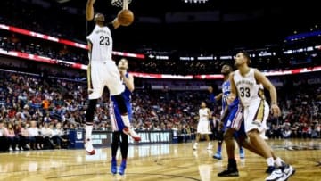 Feb 19, 2016; New Orleans, LA, USA; New Orleans Pelicans forward Anthony Davis (23) dunks against the Philadelphia 76ers during the second quarter of a game at the Smoothie King Center. Mandatory Credit: Derick E. Hingle-USA TODAY Sports