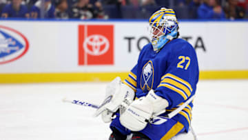 Sep 26, 2023; Buffalo, New York, USA; Buffalo Sabres goaltender Devon Levi (27) during a stoppage in play against the Boston Bruins in the third period at KeyBank Center. Mandatory Credit: Timothy T. Ludwig-USA TODAY Sports