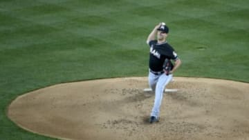 May 13, 2014; Los Angeles, CA, USA; Miami Marlins starter Jacob Turner (33) delivers a pitch against the Los Angeles Dodgers at Dodger Stadium. Mandatory Credit: Kirby Lee-USA TODAY Sports