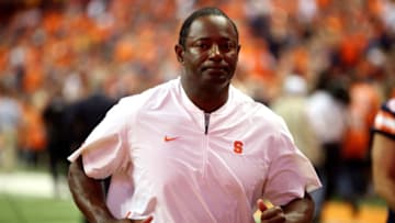 SYRACUSE, NEW YORK - SEPTEMBER 14: Head Coach Dino Babers of the Syracuse Orange runs off the field during a game against the Clemson Tigers at the Carrier Dome on September 14, 2019 in Syracuse, New York. (Photo by Bryan M. Bennett/Getty Images)