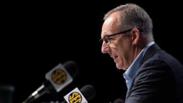 SEC Commissioner Greg Sankey speaks during a press conference after it was announced that the Southeastern Conference Tournament was canceled due to Coronavirus concerns at Bridgestone Arena in Nashville, Tenn., Thursday, March 12, 2020.Xxx Sec An 031220 008 Jpg Usa Tn