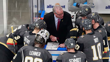 Assistant coach Ryan McGill of the Vegas Golden Knights handles the bench during the third period against the Chicago Blackhawks in Game Five of the Western Conference First Round.