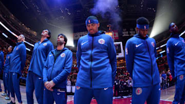 LOS ANGELES, CA - NOVEMBER 23: Tobias Harris #34 of the LA Clippers stands for the National Anthem before the game against the Memphis Grizzlies on November 23, 2018 at STAPLES Center in Los Angeles, California. NOTE TO USER: User expressly acknowledges and agrees that, by downloading and/or using this photograph, user is consenting to the terms and conditions of the Getty Images License Agreement. Mandatory Copyright Notice: Copyright 2018 NBAE (Photo by Adam Pantozzi/NBAE via Getty Images)