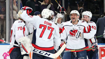 NEW YORK, NY - MARCH 03: Alex Ovechkin #8 and the Washington Capitals celebrate after defeating the New York Rangers 3-2 in the shootout at Madison Square Garden on March 3, 2019 in New York City. (Photo by Jared Silber/NHLI via Getty Images)