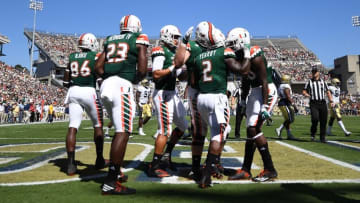 Oct 1, 2016; Atlanta, GA, USA; Miami Hurricanes running back Joseph Yearby (2) celebrates his touchdown during the first quarter against the Georgia Tech Yellow Jackets at Bobby Dodd Stadium. Mandatory Credit: Shanna Lockwood-USA TODAY Sports