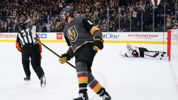 LAS VEGAS, NEVADA - NOVEMBER 29: Alex Tuch #89 of the Vegas Golden Knights celebrates after scoring the game-winning goal in a shoot out against the Arizona Coyotes at T-Mobile Arena on November 29, 2019 in Las Vegas, Nevada. (Photo by Jeff Bottari/NHLI via Getty Images)