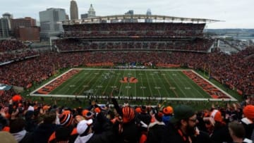 Jan 5, 2014; Cincinnati, OH, USA; General view of Paul Brown Stadium and downtown Cincinnati skyline during the 2013 AFC wild card playoff football game between the San Diego Chargers and the Cincinnati Bengals. Mandatory Credit: Kirby Lee-USA TODAY Sports