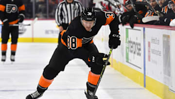 Feb 21, 2022; Philadelphia, Pennsylvania, USA; Philadelphia Flyers center Patrick Brown (38) carries the puck against the Carolina Hurricanes at Wells Fargo Center. Mandatory Credit: Eric Hartline-USA TODAY Sports