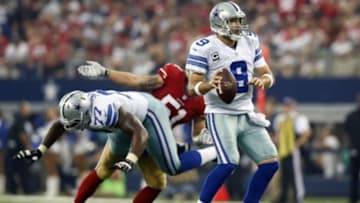 Sep 7, 2014; Arlington, TX, USA; Dallas Cowboys quarterback Tony Romo (9) throws against the San Francisco 49ers at AT&T Stadium. Mandatory Credit: Matthew Emmons-USA TODAY Sports