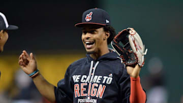 Oct 13, 2016; Cleveland, OH, USA; Cleveland Indians shortstop Francisco Lindor (12) reacts during a team workout one day prior to game one of the ALCS at Progressive Field. Mandatory Credit: Ken Blaze-USA TODAY Sports